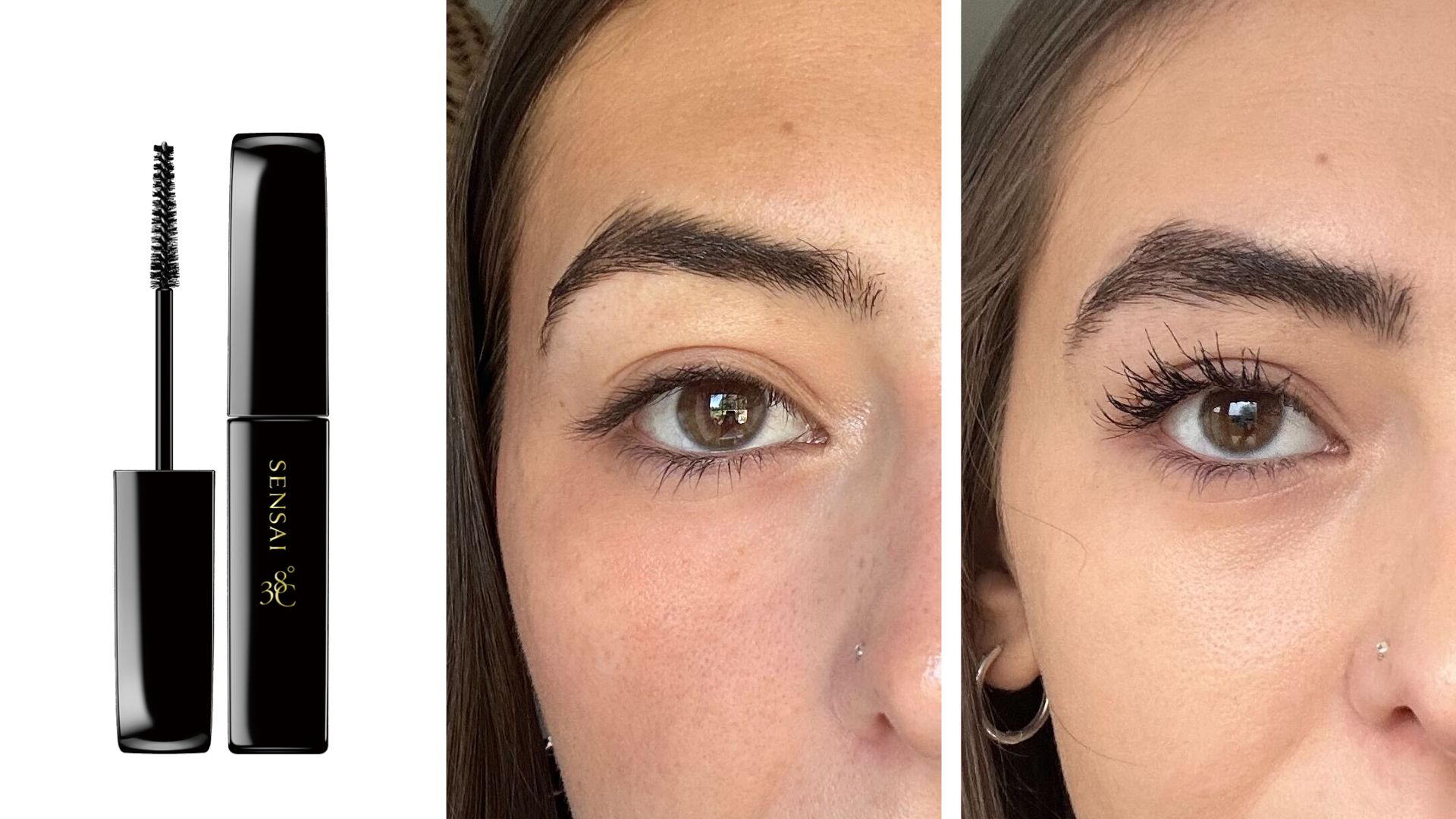 Sennen Prickett&#039;s lashes before and after wearing SENSAI Lash Lengthener 38c, next to a product shot