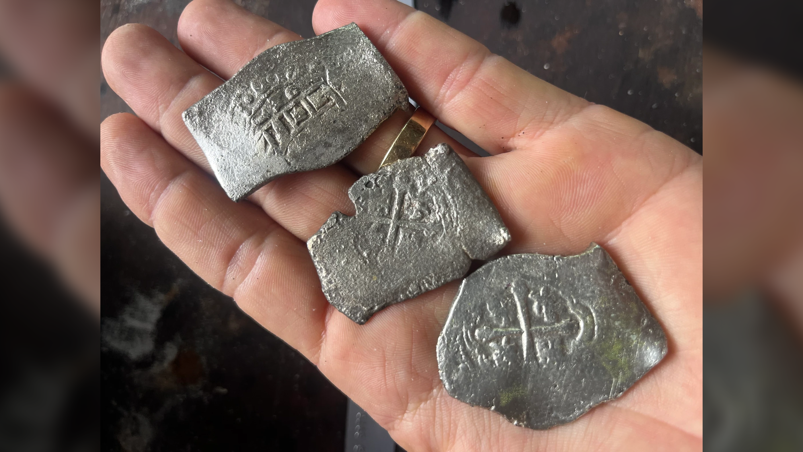 a person with light skin holds three silver coins