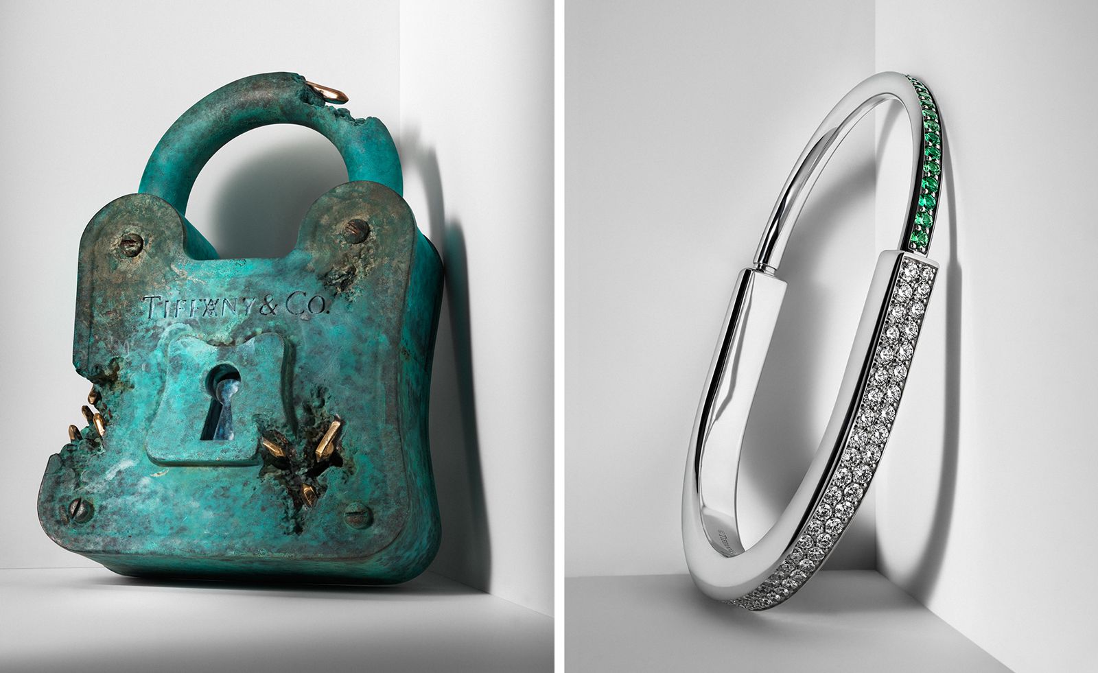 Daniel Arsham's Bronze Eroded Tiffany Padlock sculpture and a Tiffany Lock bracelet