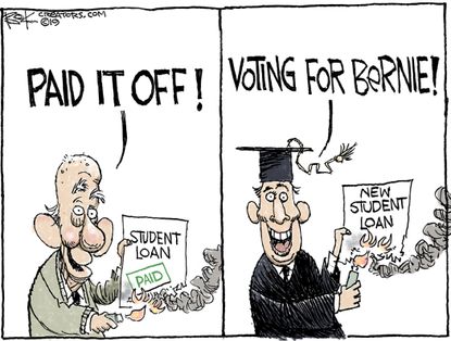 Political Cartoon U.S. Student Loans Old Age Bernie 2020 Election
