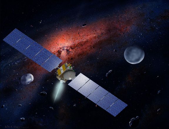 Artist&#039;s concept of NASA&#039;s Dawn spacecraft, which is closing in on the huge asteroid Vesta.