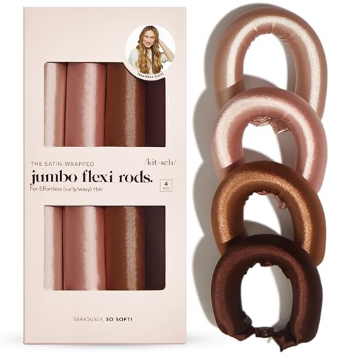Kitsch Satin Hair Curlers, Heatless Curling Rod - Jumbo Flexi Rod, Heatless Hair Curler - Hair Curlers to Sleep in - No Heat Overnight Curls - for All Hair Types and Texture - 4pcs Rosewood
