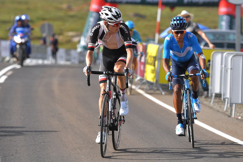 Wilco Kelderman rides with Nairo Quintana near the end of stage 9 at the Vuelta