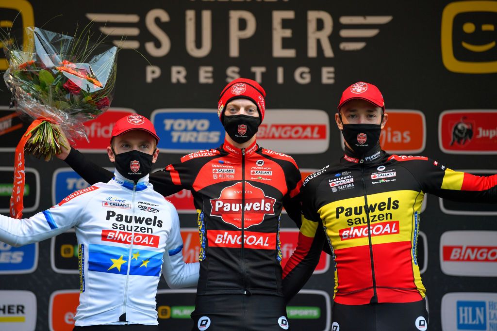 Eli Iserbyt, Michael Vanthourenhout and Laurens Sweeck celebrate a Pauwels Sauzen-Bingoa sweep of the podium in Merksplas