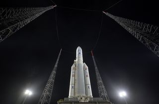 The Ariane 5 rocket with NASA’s James Webb Space Telescope on board is seen on the launch pad at the Guiana Space Center in Kourou, French Guiana, on Dec. 23, 2021.