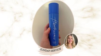 a hand holding a bottle of hershesons zhoosh foam next to an image of beauty editor Fiona McKim smiling