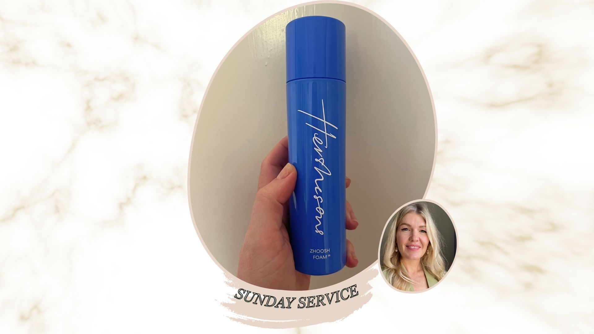 a hand holding a bottle of hershesons zhoosh foam next to an image of beauty editor Fiona McKim smiling