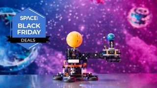 Lego Technic Planet Earth and Moon in orbit on a colourful background with a Black Friday deals banner on top