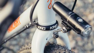 A white gravel bike with a black Chris King headset