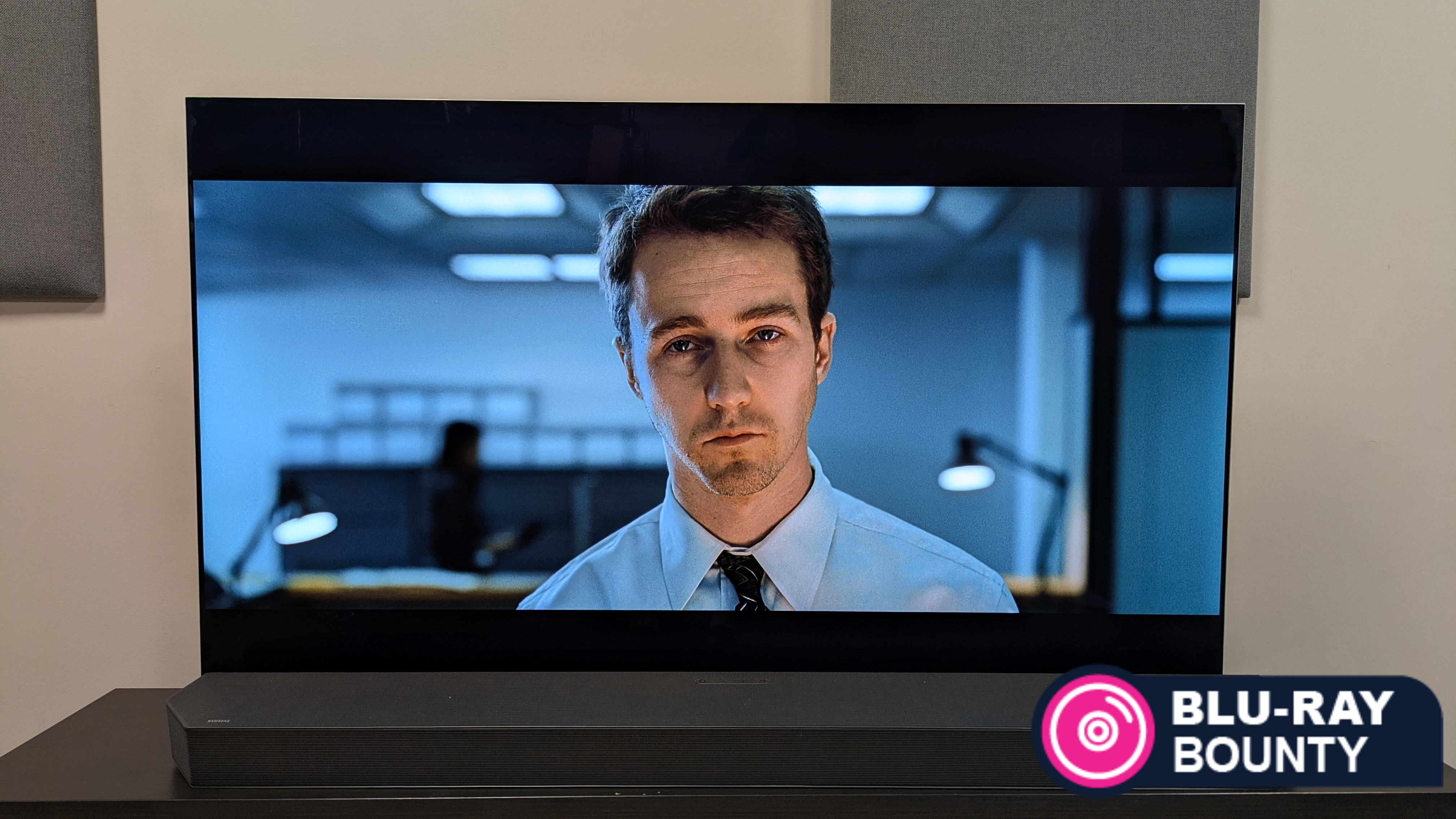 Blu-ray Bounty May 2026 hero image showing a shot of the narrator from Fight Club on an LG G5 OLED with Blu-ray Bounty logo in corner 