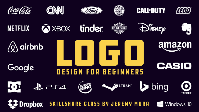 logo design for beginners text in yellow with well-known logos in black and white behind it