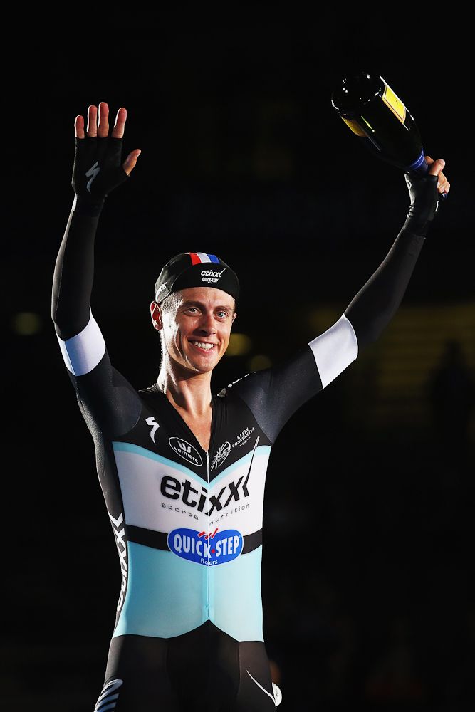 Niki Terpstra of The Netherlands celebrates winning the 30km Points race round of the 1878 Cup during day one of the London Six Day Race