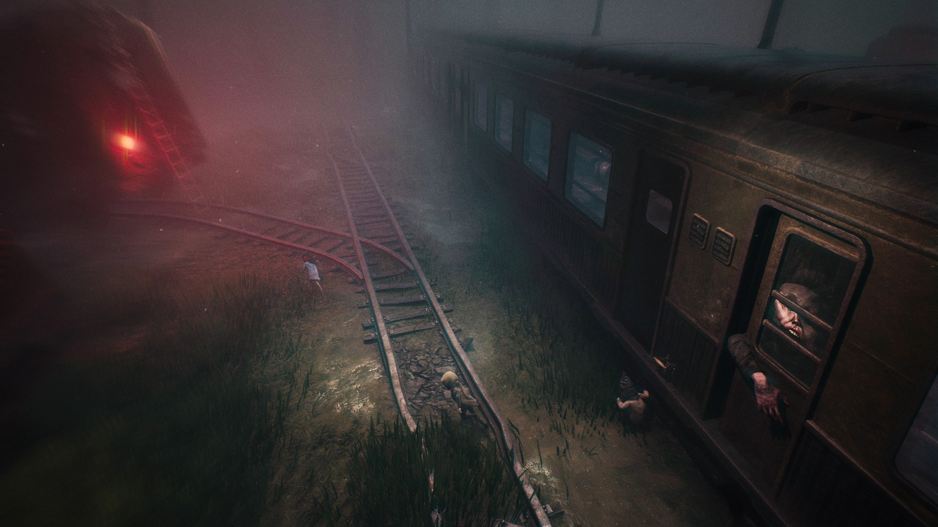 The children escape a creature in a train yard in Reanimal