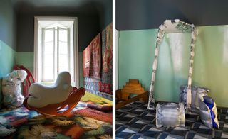 The photo to the left shows a 'riding horse toy' in white and red, on a colorful carpet. The photo to the right shows wrapped pieces of furniture.