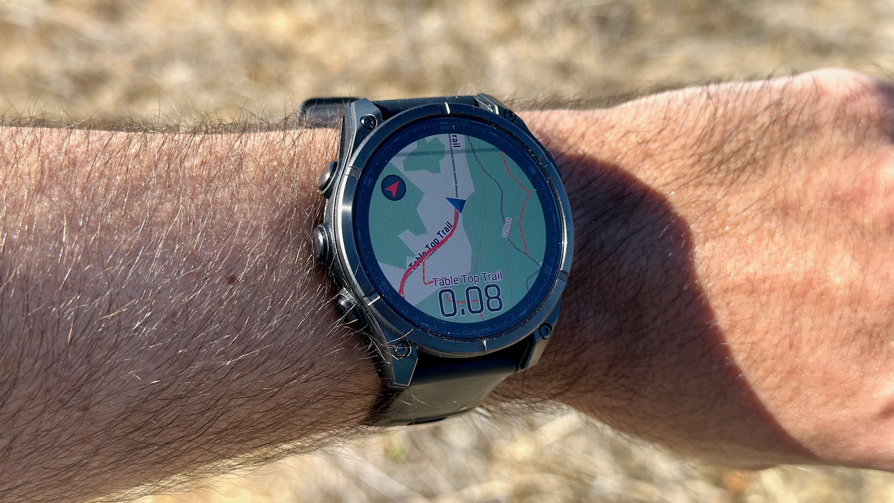 A map view during a hike activity on the Garmin Fenix 8, showing 0.08 miles to the next junction