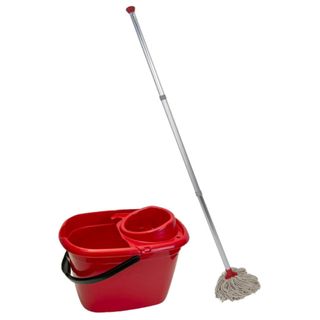 red bucket and string mop