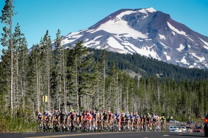 Riders head out for the day with Mt. Bachelor in the distance.