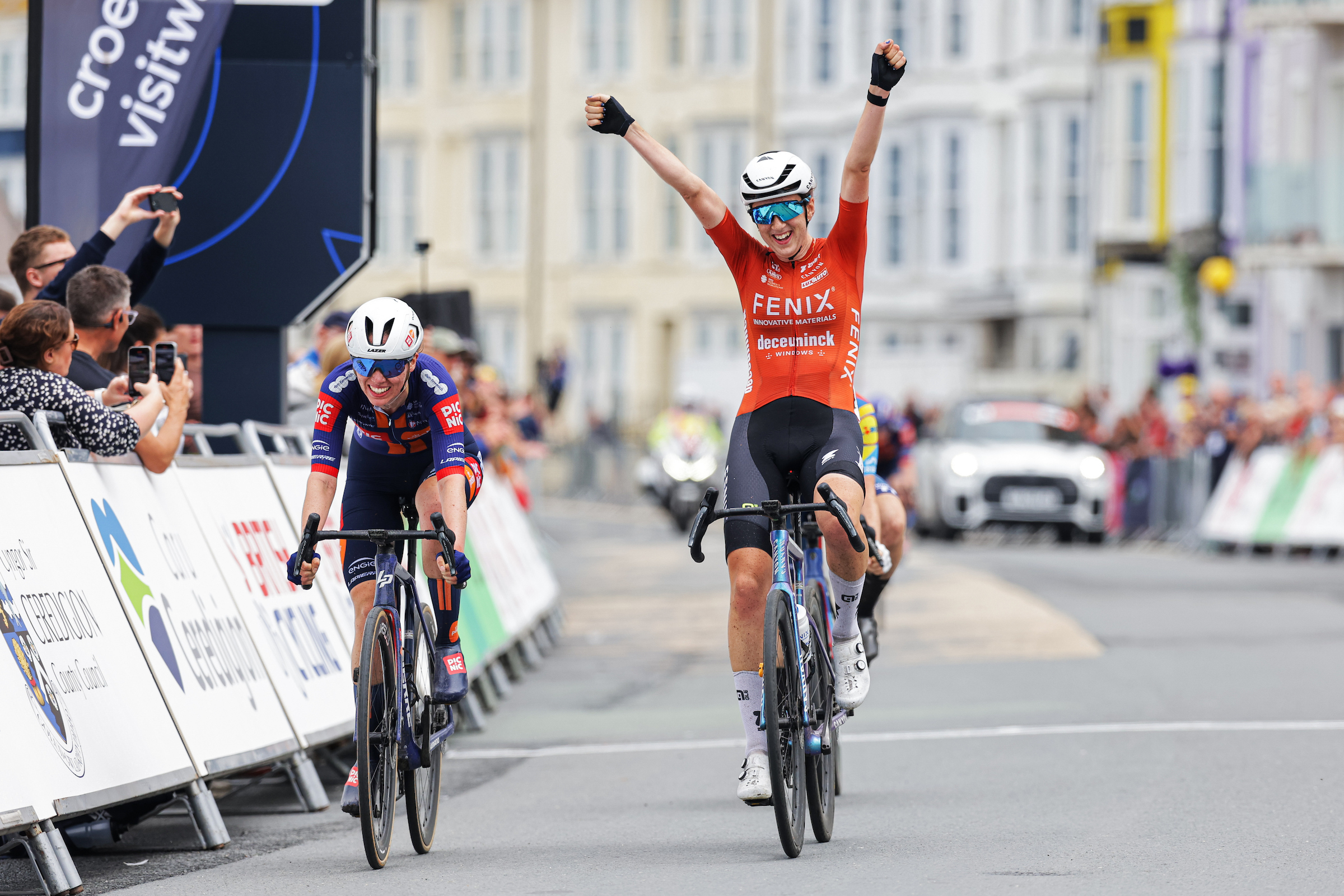 Picture by Alex Whitehead/SWpix.com - 29/06/2025 - Cycling - 2025 Lloyds National Road Race Championships - Aberystwyth, Ceredigion, Wales - Women -Millie Couzens (Fenix-Deceuninck) Wins the Women's Road Race to become National Champion ahead of Pfeiffer Georgi (Team Picnic PostNL) and Anna Henderson (Lidl - Trek)