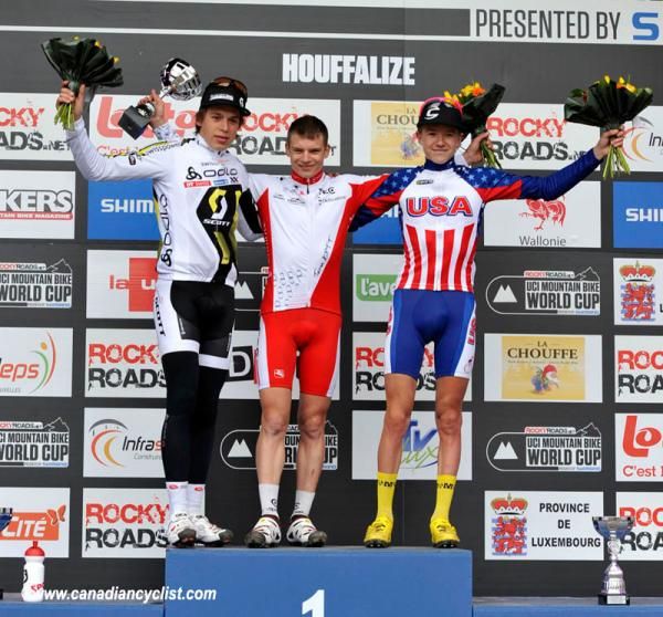 Junior men's podium: Andri Frischknecht, Romain Seigle, Keegan Swenson