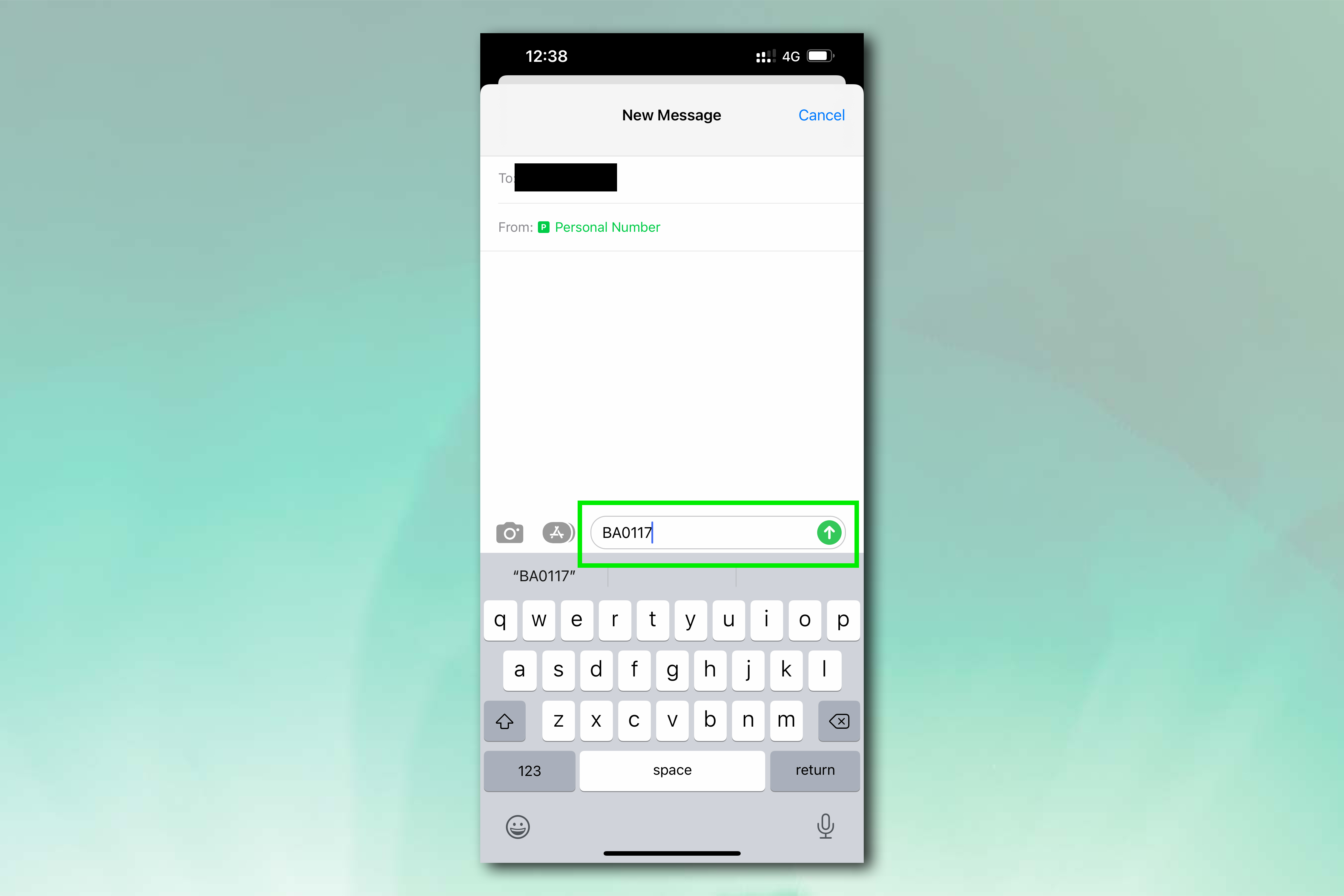 A screenshot showing the iPhone Messages app with a flight number highlighted as it is being typed into the text entry field. The screenshot is set against a green background.