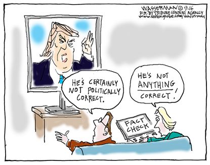 Political cartoon U.S. 2016 election Donald Trump viewers fact checking