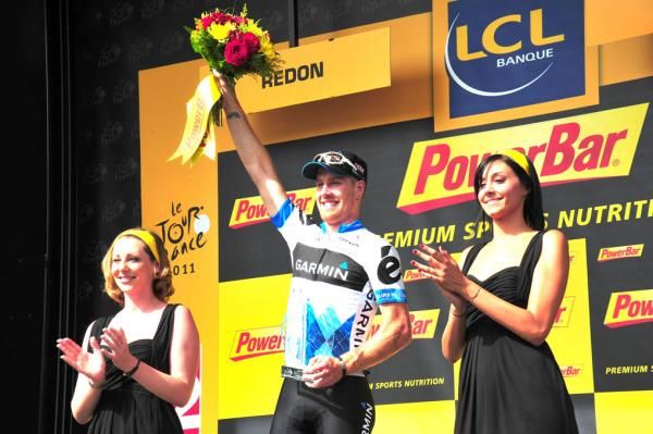 Tyler Farrar (Garmin-Cervelo) on the podium in Redon.