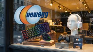 AI-generated image of several PC gaming accessories by Razer, MSI, and Logitech being sold at Newegg visualized.