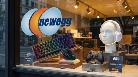 AI-generated image of several PC gaming accessories by Razer, MSI, and Logitech being sold at Newegg visualized.