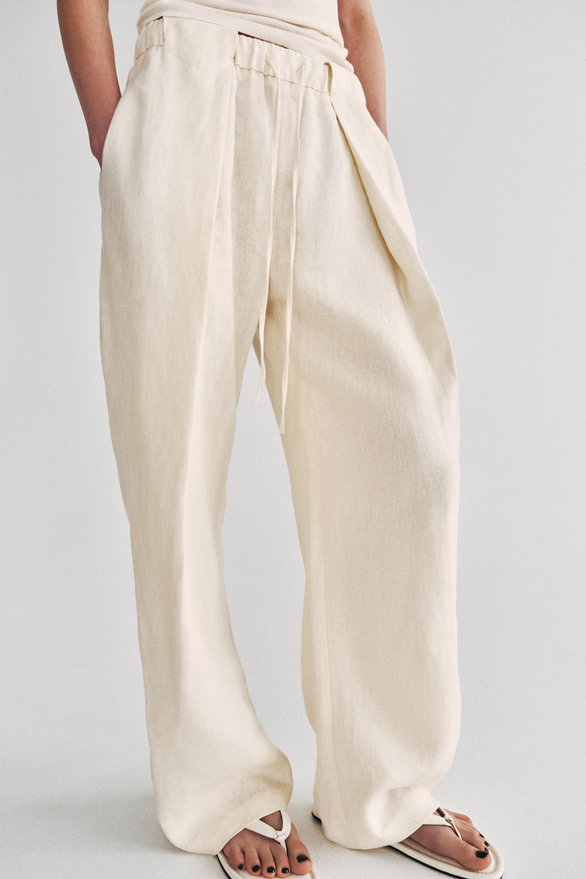 Zw Collection 100% Linen Pleated Trousers - Ecru - Xs