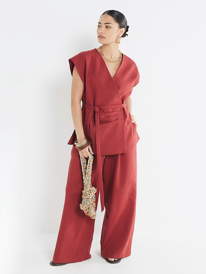 River Island Petite Red Wide Leg Linen Blend Trousers