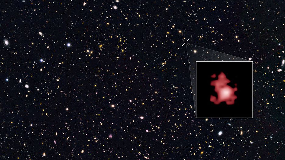 The galaxy GN-z11, which scientists think could be the farthest and oldest galaxy every observed, superimposed on an image from the COODS-North survey.