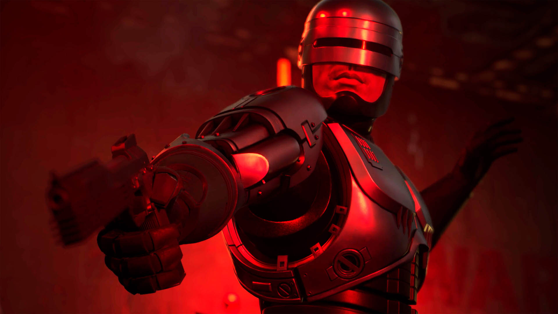 Lit in red, RocoCop aims a pistol in RoboCop: Rogue City - Unfinished Business