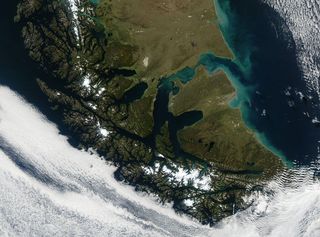 A true-color NASA satellite image, taken in 2003, of the Tierra del Fuego archipelago in the southernmost part of South America.
