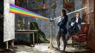 Isaac Newton experimenting with a prism and light.