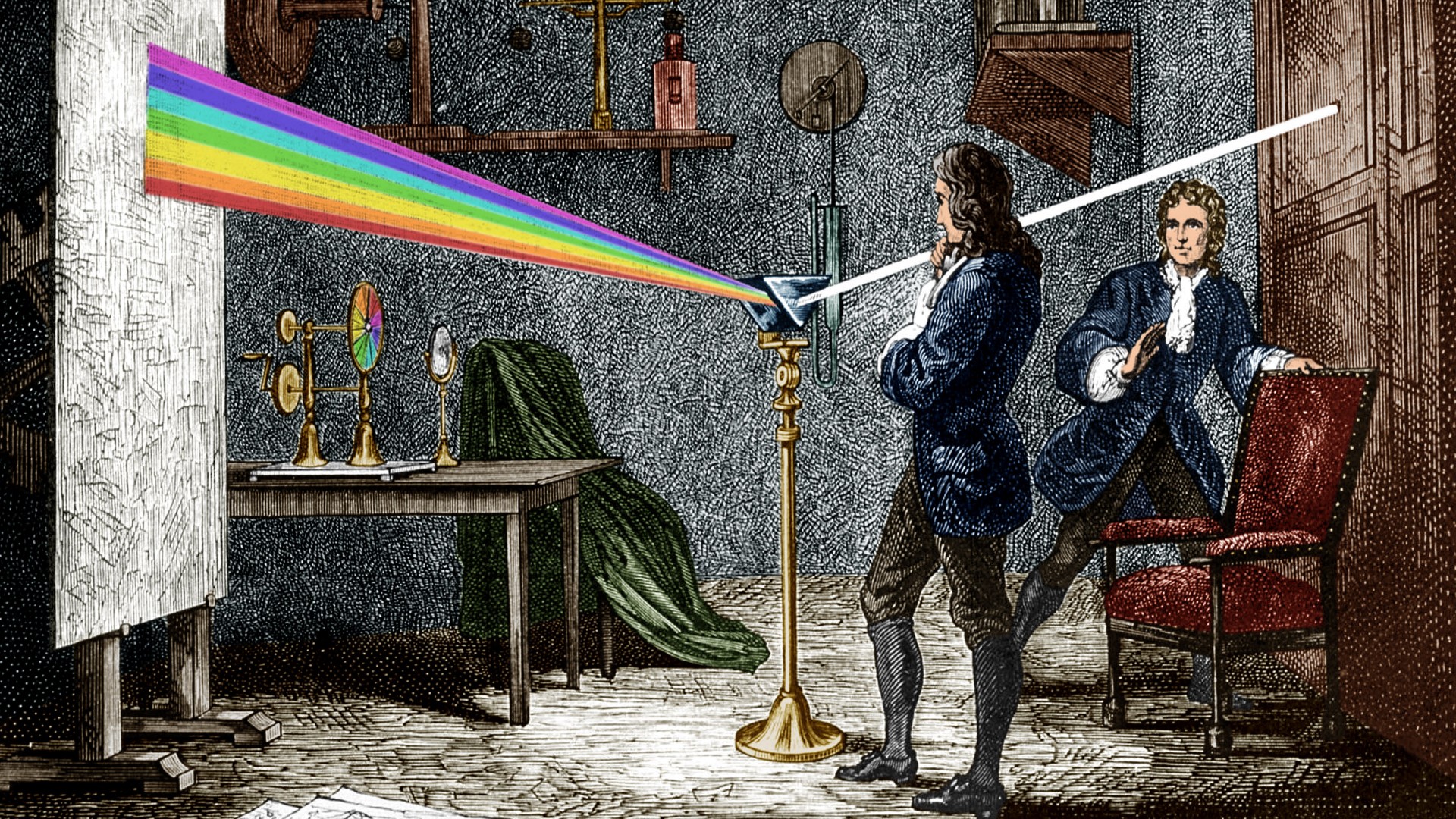 Isaac Newton experimenting with a prism and light