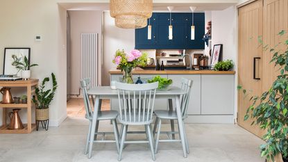 blue and grey kitchen diner