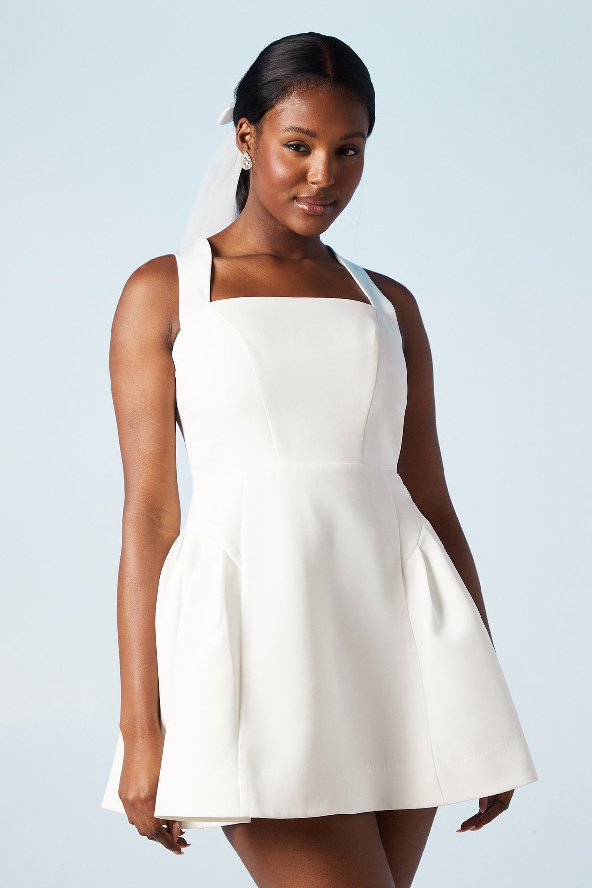 Drop Waist Bow Back Structured Crepe Bridal Mini Dress