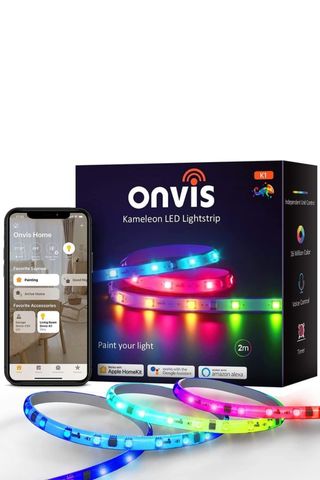 ONVIS Kameleon LED Lightstrip, packaging, and app on a white background.
