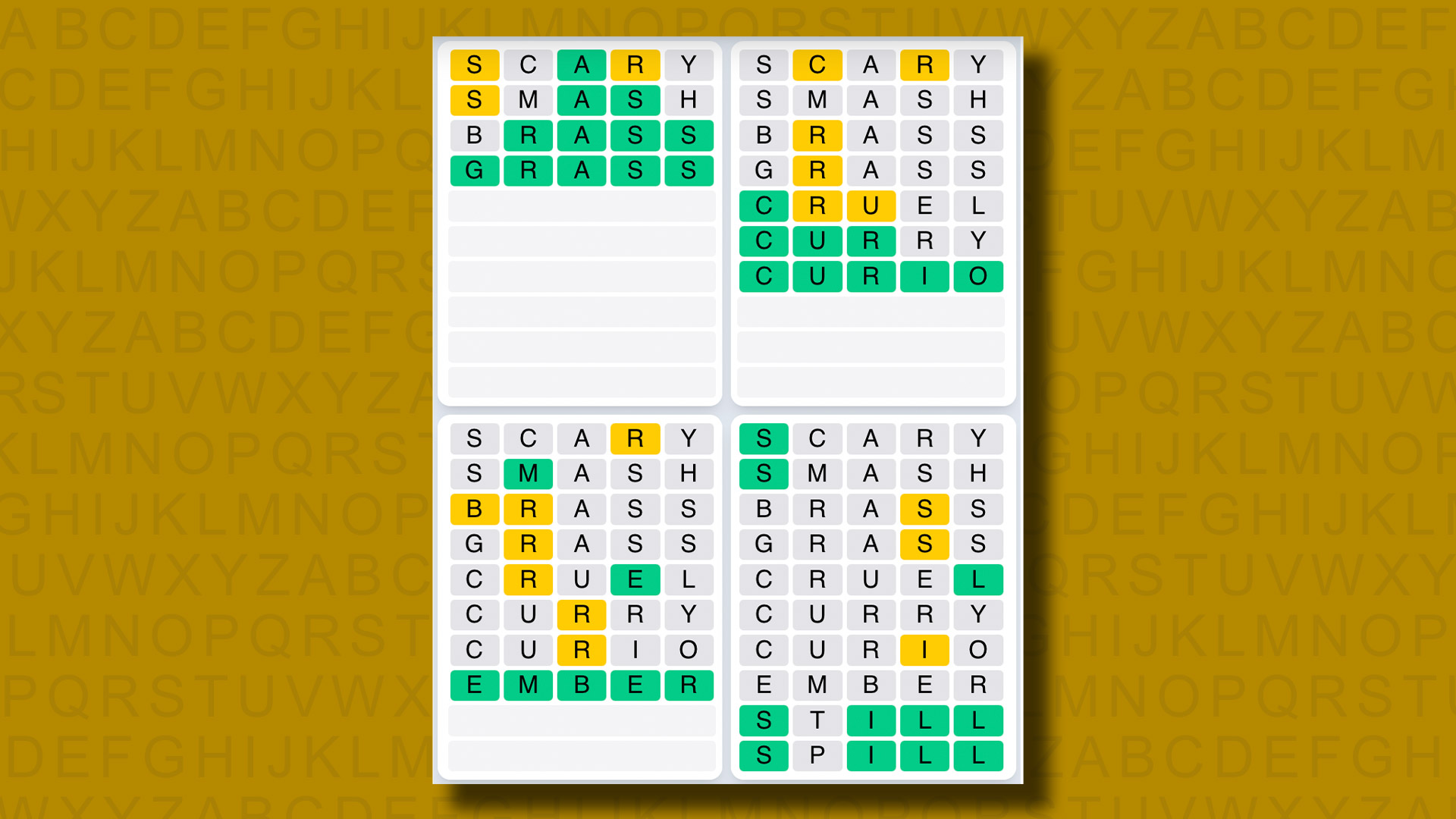 Quordle Daily Sequence answers for game 1196 on a yellow background