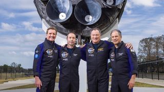 Axiom Space's private Ax-1 crew will ride a SpaceX spacecraft to the International Space Station in April 2022. They are (from left): pilot Larry Connor; Mark Pathy, mission specialist; López-Alegría , commander; and Eytan Stibbe, mission specialist.