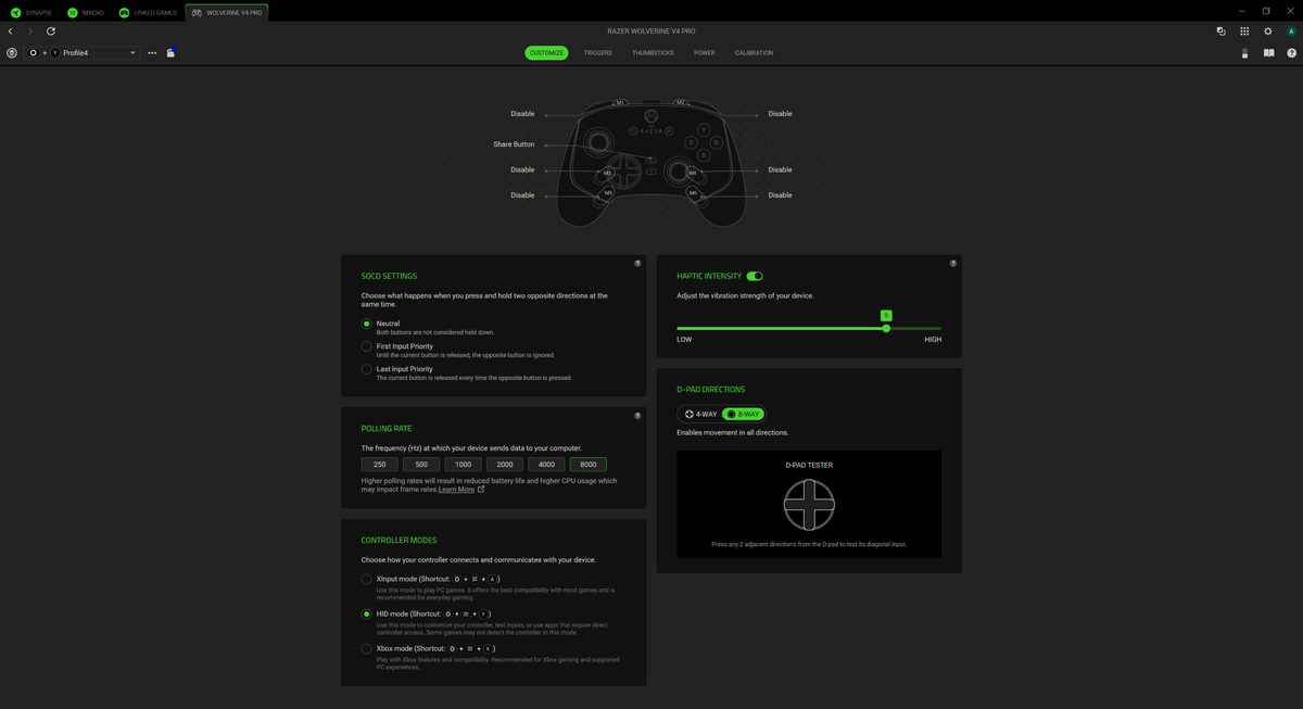 A screenshot of the Razer Synapse settings menu for the Razer Wolverine V4 Pro gaming controller