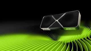 An Nvidia RTX 5000 series graphics card against a green and black background