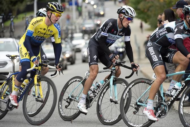 Serge Pauwels (Omega Pharma-Quick Step) followed by Tinkoff-Saxo's Jay McCarthy
