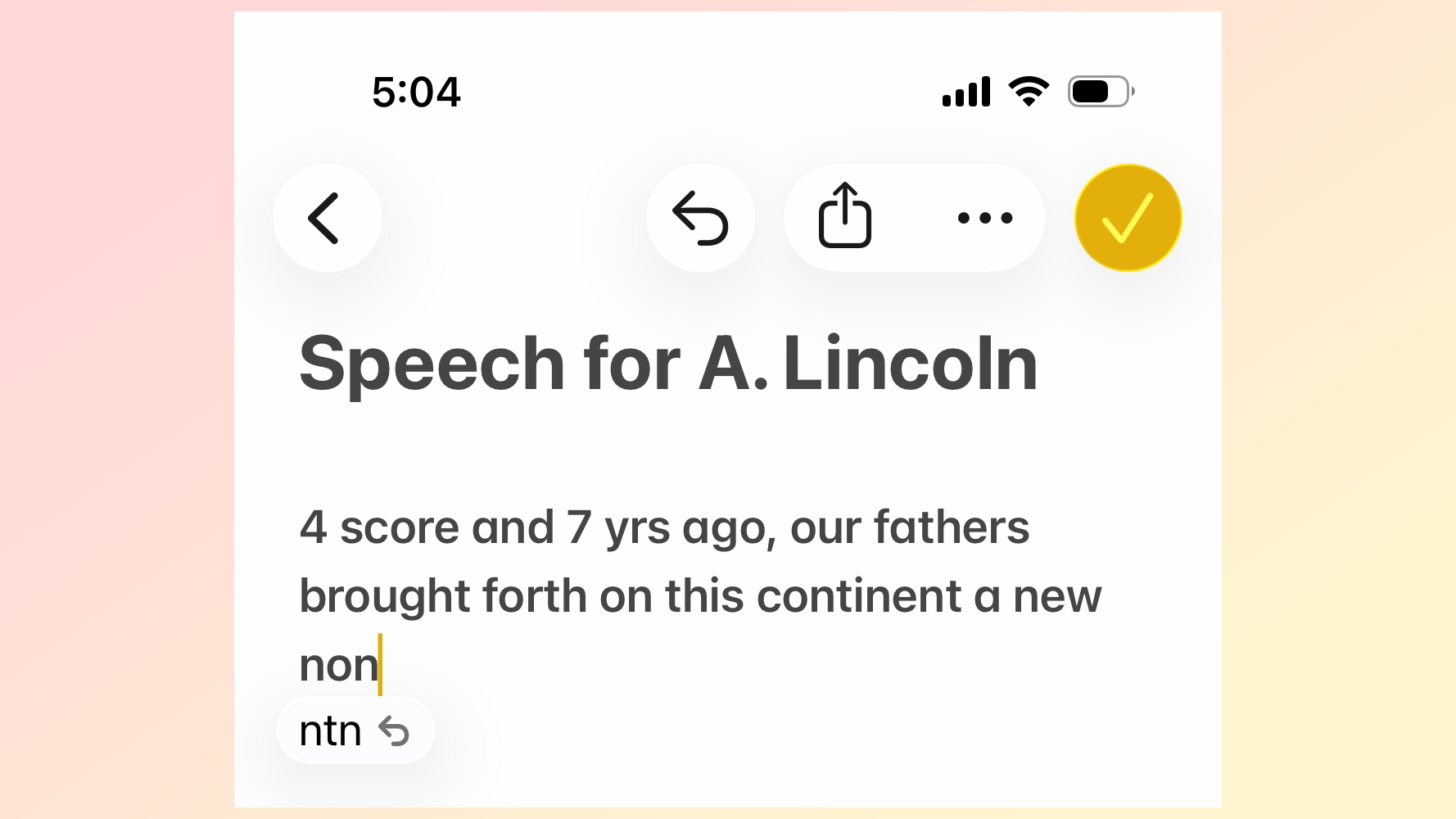 A note in the iOS Notes app that's undoing an auto-correction