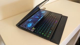 Asus ROG Zephyrus Duo 16 gaming laptop with the lid half-closed