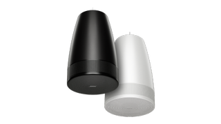 The new DesignMax Luna DML88P pendant ceiling speakers in black and white.