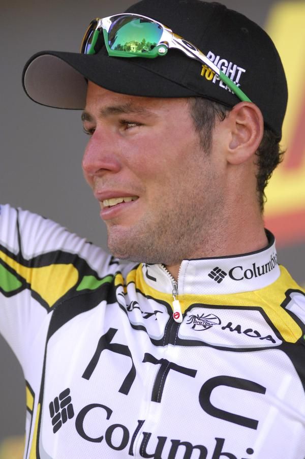 An emotional Mark Cavendish (HTC-Columbia) after winning his first Tour de France stage in 2010.