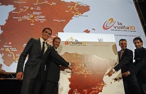 Alberto Contador, Alejandro Valverde, Samuel S&aacute;nchez and Ezequiel Mosquera (l-r) at the 2010 Vuelta a Espa&ntilde;a presentation.