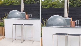 outdoor kitchen idea with single white counter with built in oven