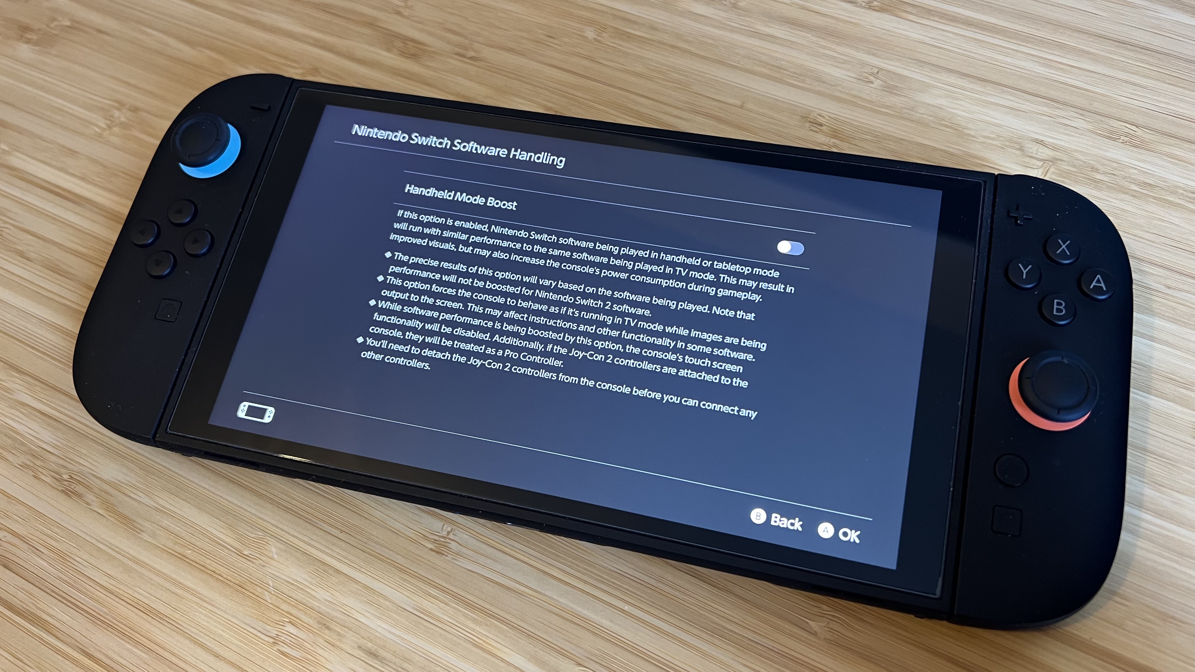 Nintendo Switch 2 with hardware boost menu item toggled in system settings
